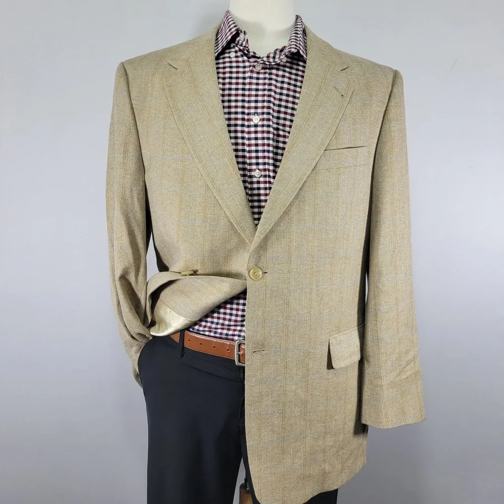 Hart‎ Schaffner Marx Men's Sport Coat Blazer Two Button Beige Plaid Size 44R